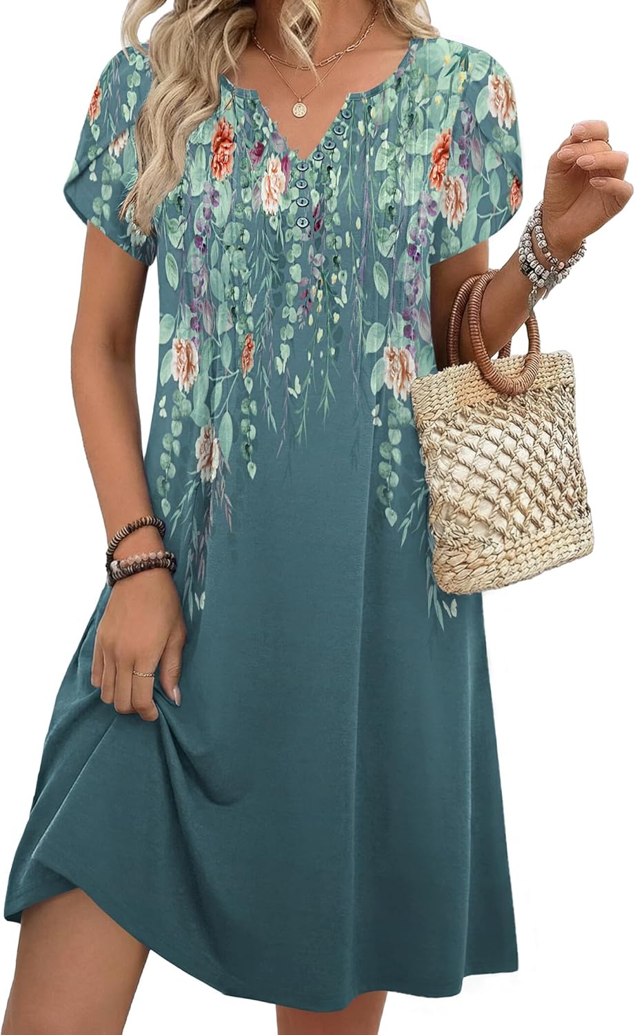 Brynlee Robe Tunique Femme – Imprimé Floral, Col en V & Poches Ligne A Élégante
