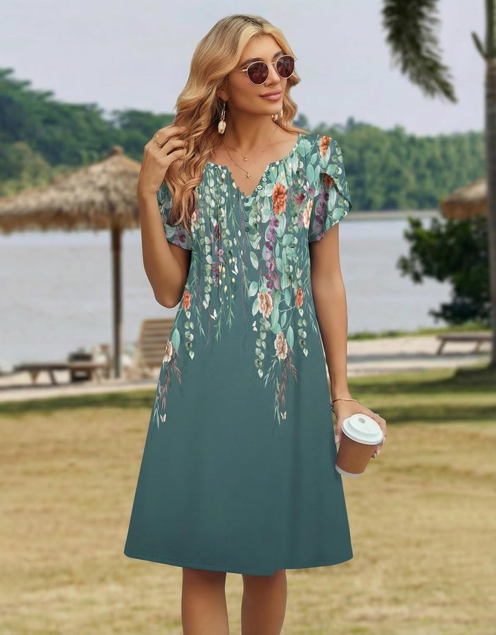 Brynlee Robe Tunique Femme – Imprimé Floral, Col en V & Poches Ligne A Élégante
