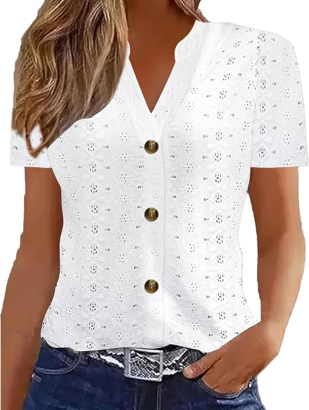 Zoya Blusa Donna Elegante – Top de Lino Veraniego con Escote en V, Bordados Eyelet, Mangas Cortas