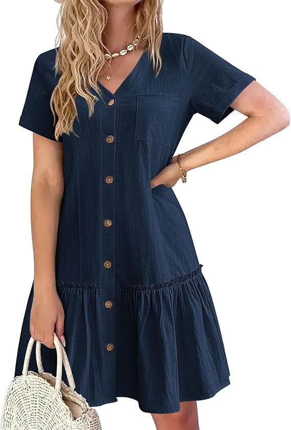 Kira Vestido Camisa Mujer – Lino Algodón, Escote en V y Botones de Madera Corte A-Line