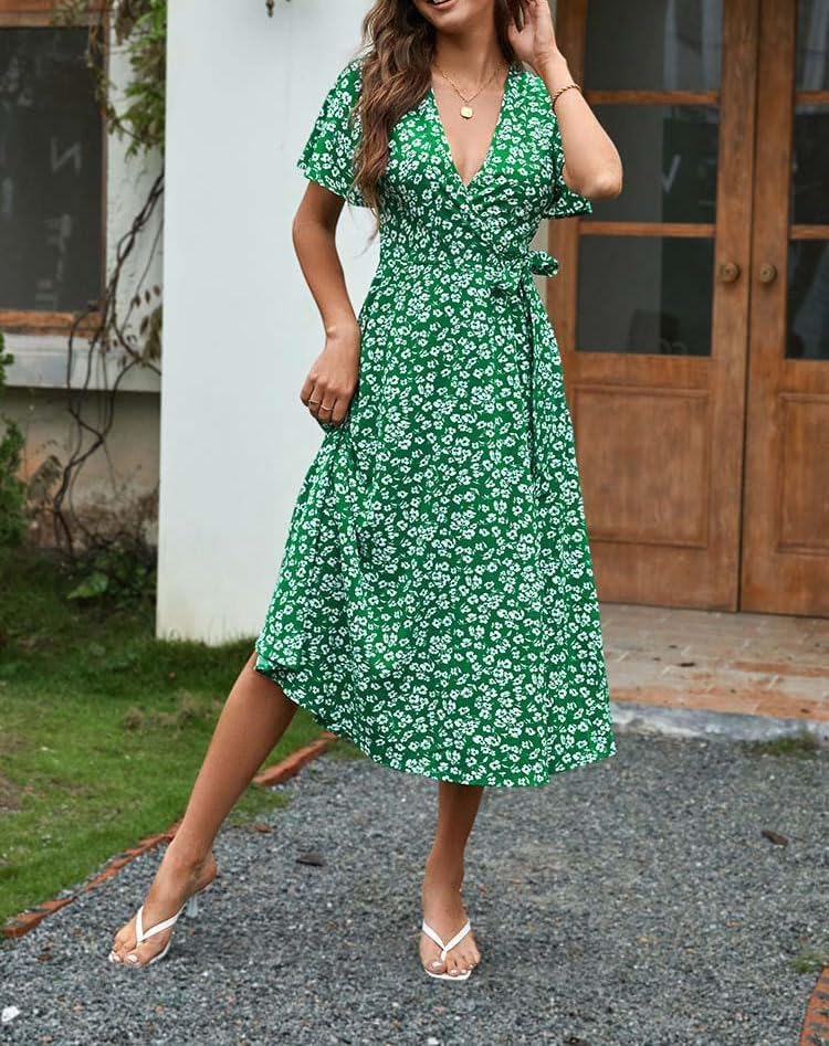 Giulia Vestido Midi Mujer – Escote en V, Cruzado Floral y Línea A Elegante de Verano
