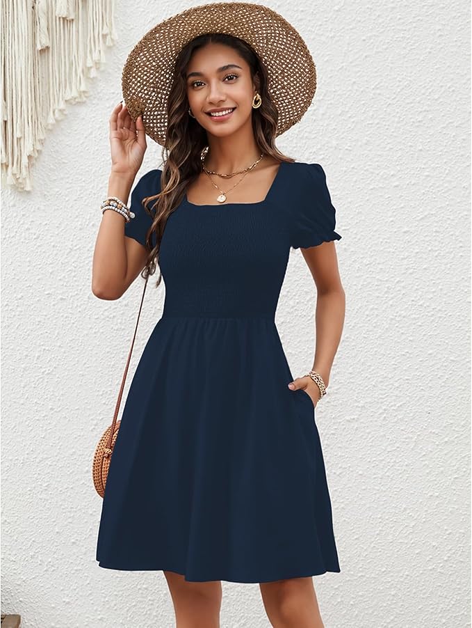 Zara Vestito Mini Donna – Scollo Quadrato, Tasche & Taglio A-Line Boho Estivo