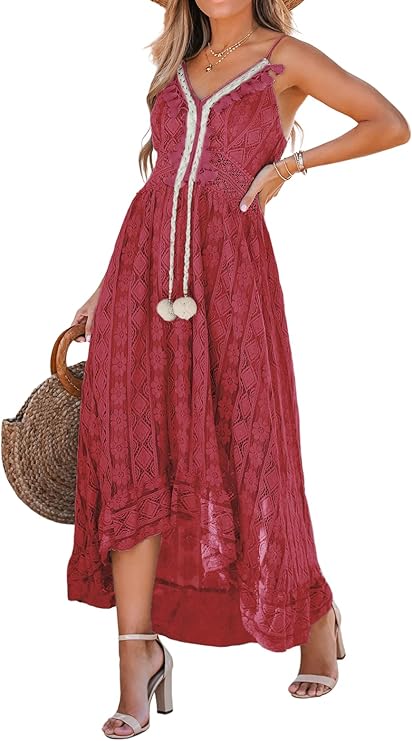 Dream Robe Maxi Femme – Col en V, Lacets & Design Bohème avec Volants Élégants