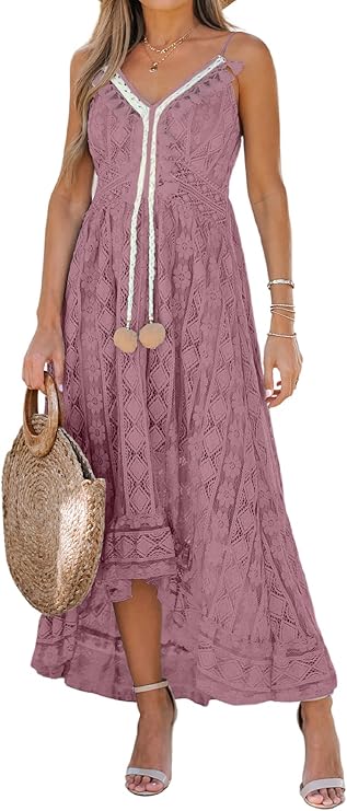 Dream Robe Maxi Femme – Col en V, Lacets & Design Bohème avec Volants Élégants