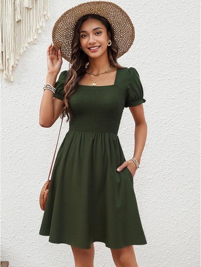 Zara Vestito Mini Donna – Scollo Quadrato, Tasche & Taglio A-Line Boho Estivo