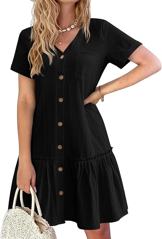 Kira Vestido Camisa Mujer – Lino Algodón, Escote en V y Botones de Madera Corte A-Line