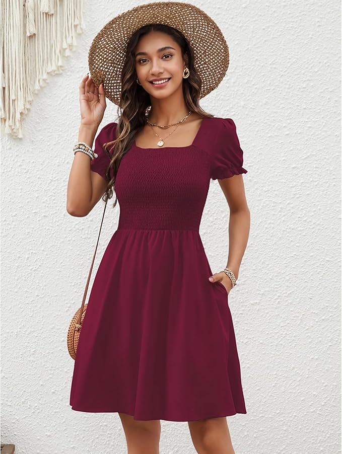 Zara Vestito Mini Donna – Scollo Quadrato, Tasche & Taglio A-Line Boho Estivo