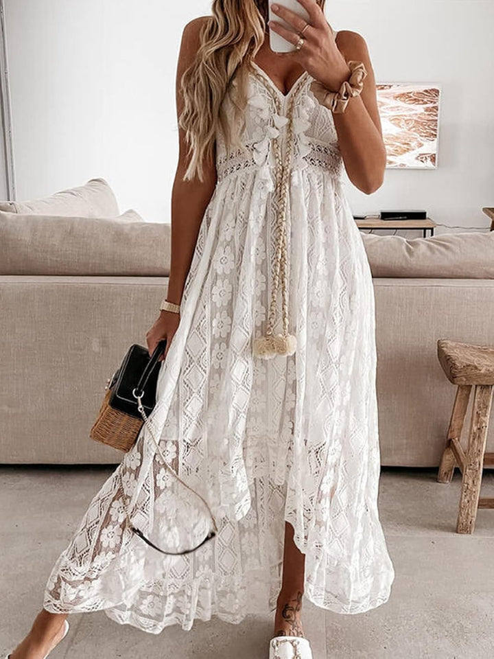 Dream Robe Maxi Femme – Col en V, Lacets & Design Bohème avec Volants Élégants