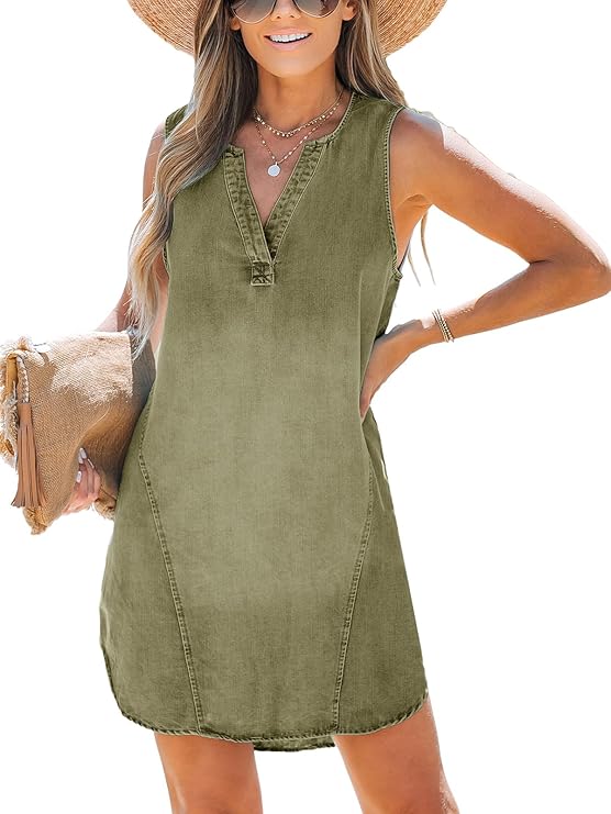 Palmer Vestido Midi Mujer – Escote en V, Sin Mangas y Bolsillos, Línea A Elegante