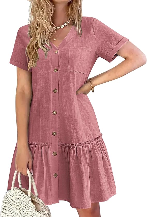 Kira Vestido Camisa Mujer – Lino Algodón, Escote en V y Botones de Madera Corte A-Line