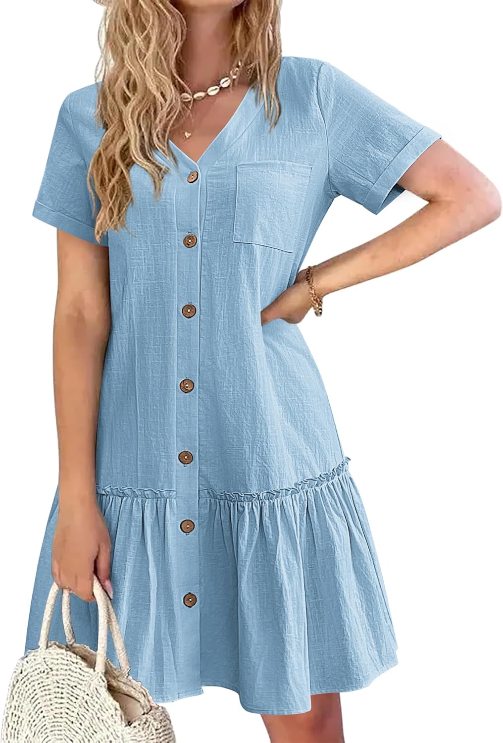 Kira Vestido Camisa Mujer – Lino Algodón, Escote en V y Botones de Madera Corte A-Line