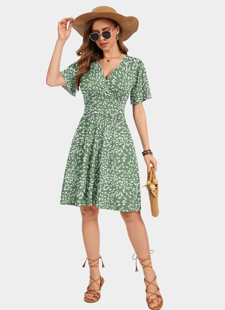 Collins Vestido Mujer – Cruzado Línea A, Escote en V y Cintura Alta Elástica Elegante
