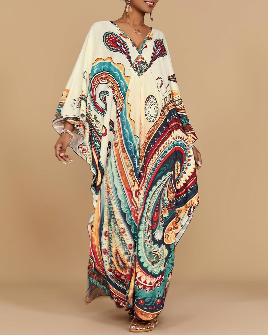 Leila Curvy Women's Kaftan – Ethnic Print, V-Neck & Kimono Sleeves with Pockets