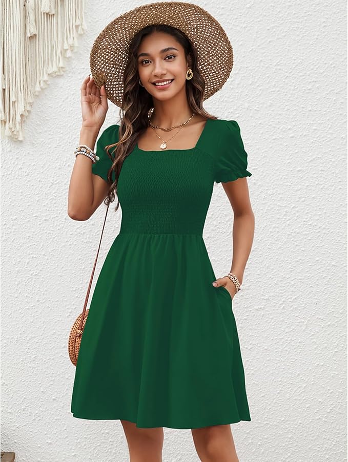Zara Vestito Mini Donna – Scollo Quadrato, Tasche & Taglio A-Line Boho Estivo