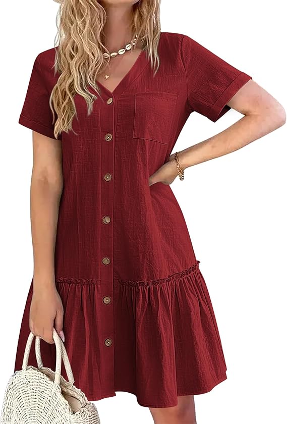 Kira Vestido Camisa Mujer – Lino Algodón, Escote en V y Botones de Madera Corte A-Line