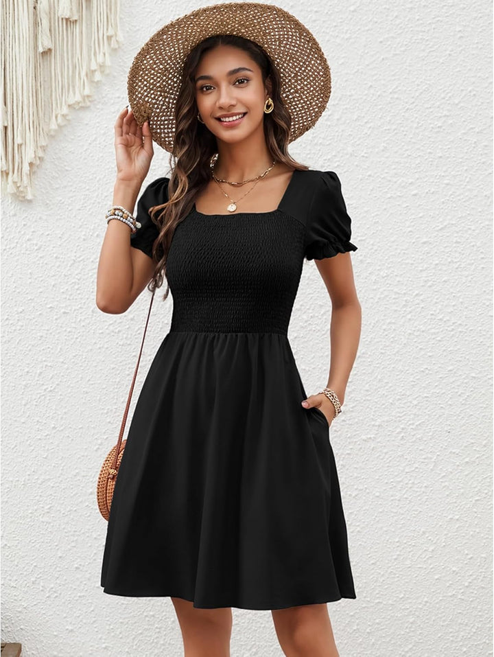Zara Vestito Mini Donna – Scollo Quadrato, Tasche & Taglio A-Line Boho Estivo