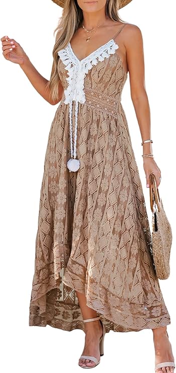 Dream Robe Maxi Femme – Col en V, Lacets & Design Bohème avec Volants Élégants