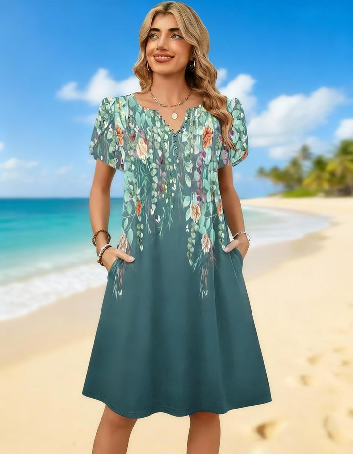 Brynlee Robe Tunique Femme – Imprimé Floral, Col en V & Poches Ligne A Élégante