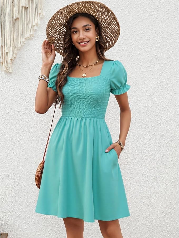 Zara Vestito Mini Donna – Scollo Quadrato, Tasche & Taglio A-Line Boho Estivo