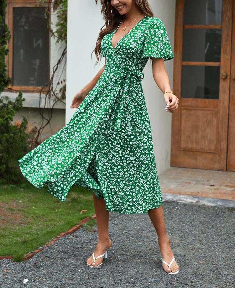 Giulia Vestido Midi Mujer – Escote en V, Cruzado Floral y Línea A Elegante de Verano