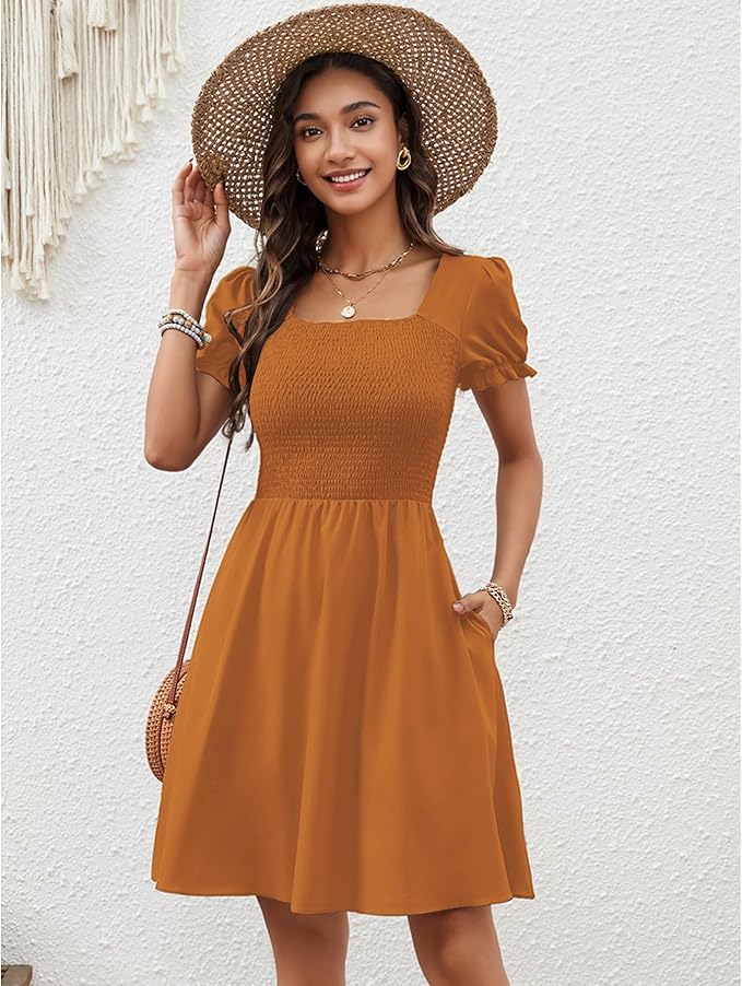 Zara Vestito Mini Donna – Scollo Quadrato, Tasche & Taglio A-Line Boho Estivo