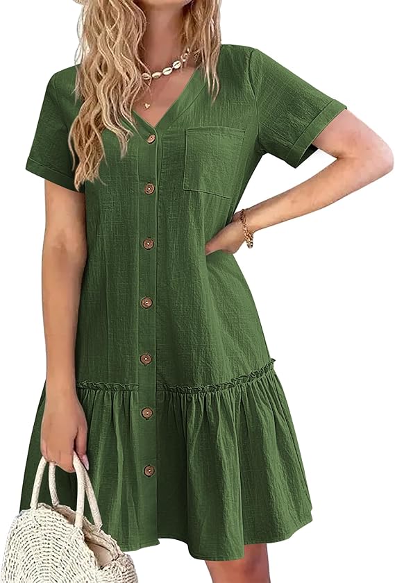 Kira Vestido Camisa Mujer – Lino Algodón, Escote en V y Botones de Madera Corte A-Line