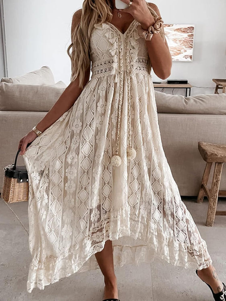 Dream Robe Maxi Femme – Col en V, Lacets & Design Bohème avec Volants Élégants