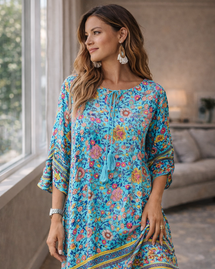 Odelia Women's Boho Dress – 3/4 Sleeves, V-Neck with Tassels & Floral Tunic