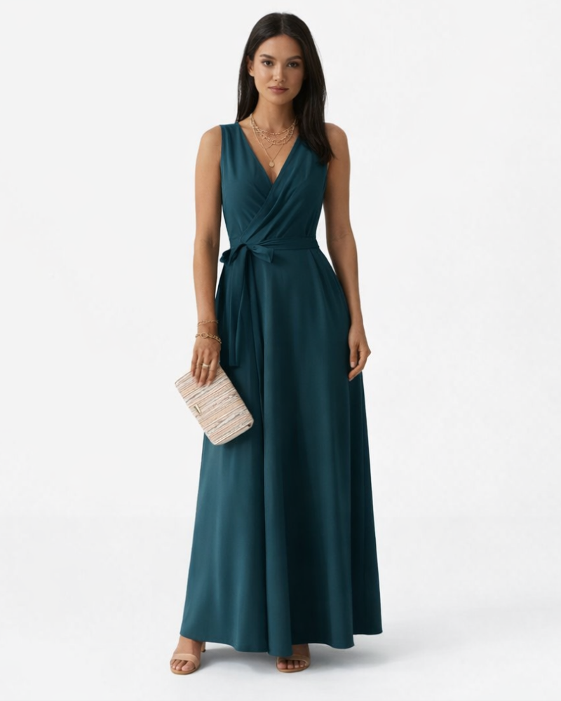 Peaches Vestido Maxi Elegante para Mujer – Vestido con Escote en V y Cinturón en la Cintura