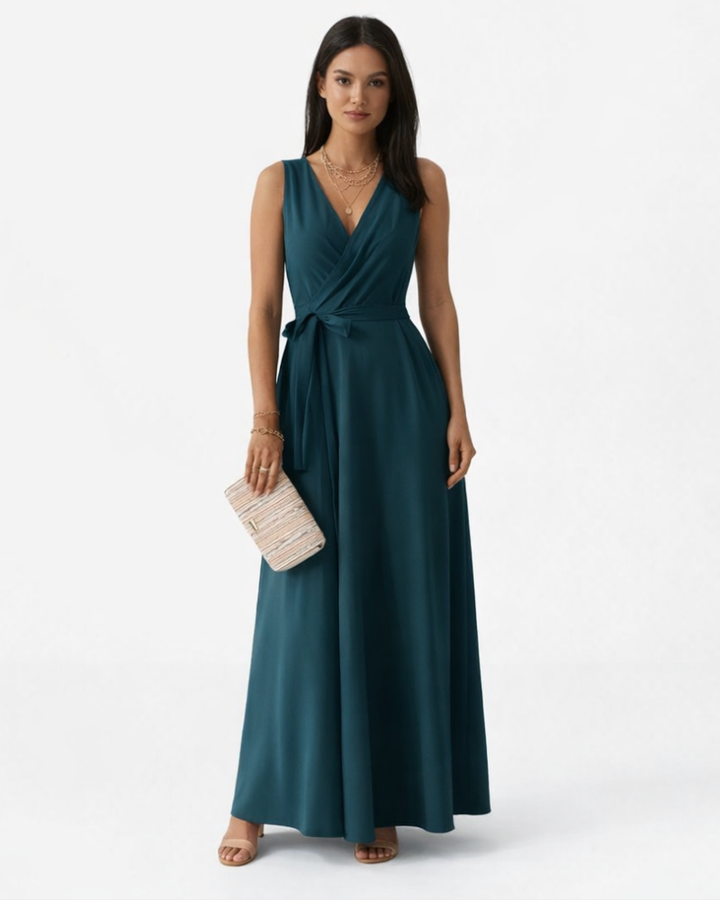 Peaches Vestido Maxi Elegante para Mujer – Vestido con Escote en V y Cinturón en la Cintura
