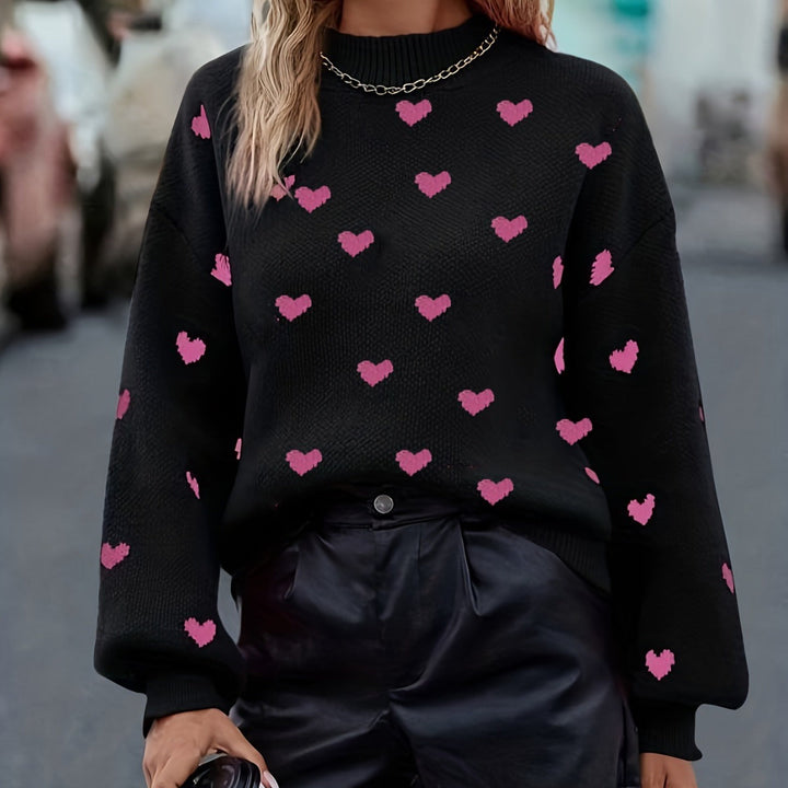 Chloey Suéter Mujer con Corazones – Jersey Suave de Cuello Redondo y Mangas Largas Casual Chic