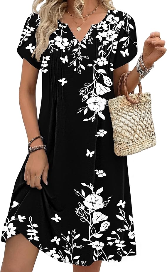 Brynlee Robe Tunique Femme – Imprimé Floral, Col en V & Poches Ligne A Élégante