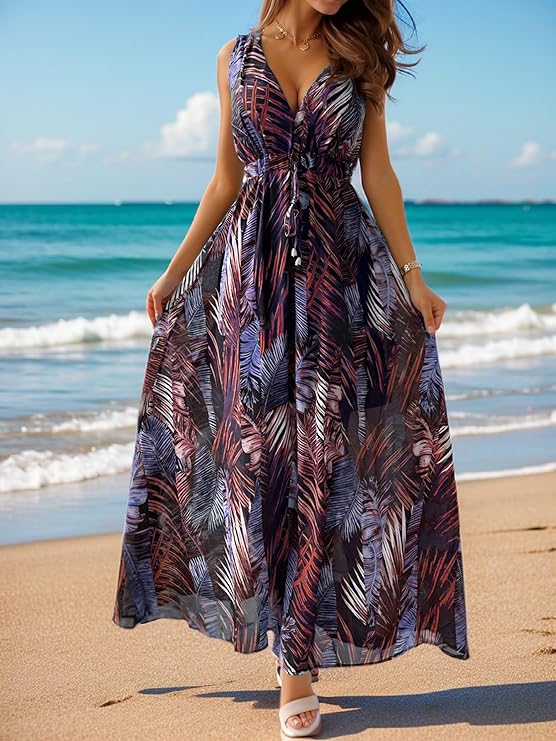 Amara Vestito Maxi Donna – Scollo V, Senza Maniche & Stile Boho con Coulisse
