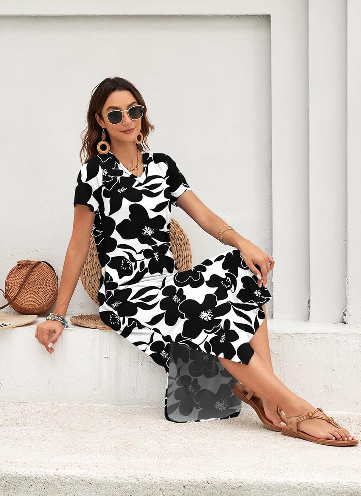 Vestido Maxi Rylie para Mujer – Estampado Floral, Escote en V y Bolsillos Casual de Verano