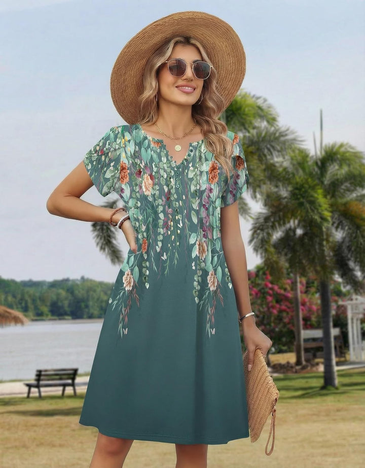 Brynlee Robe Tunique Femme – Imprimé Floral, Col en V & Poches Ligne A Élégante