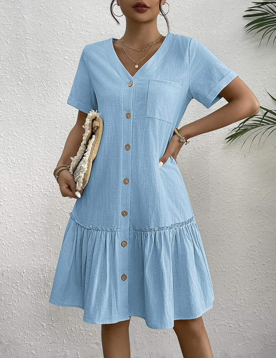 Kira Vestido Camisa Mujer – Lino Algodón, Escote en V y Botones de Madera Corte A-Line