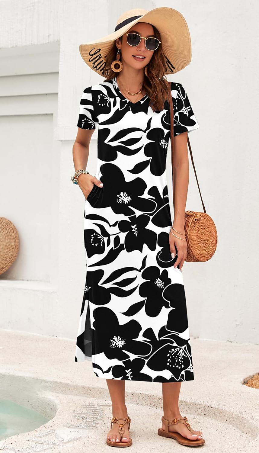 Vestido Maxi Rylie para Mujer – Estampado Floral, Escote en V y Bolsillos Casual de Verano