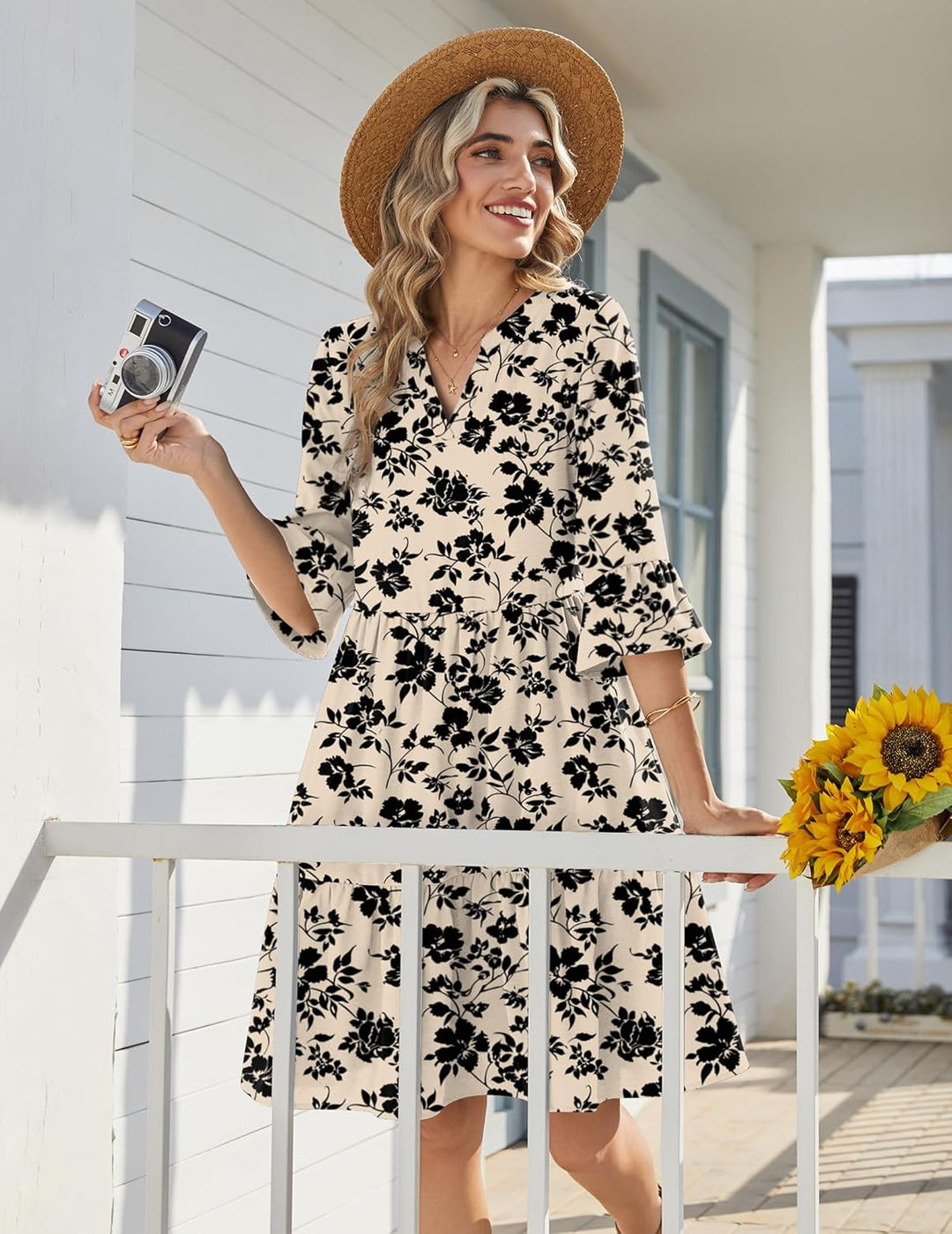 Bellamy Vestido Mujer – Escote en V, Mangas 3/4 con Volantes y Corte A con Bolsillos