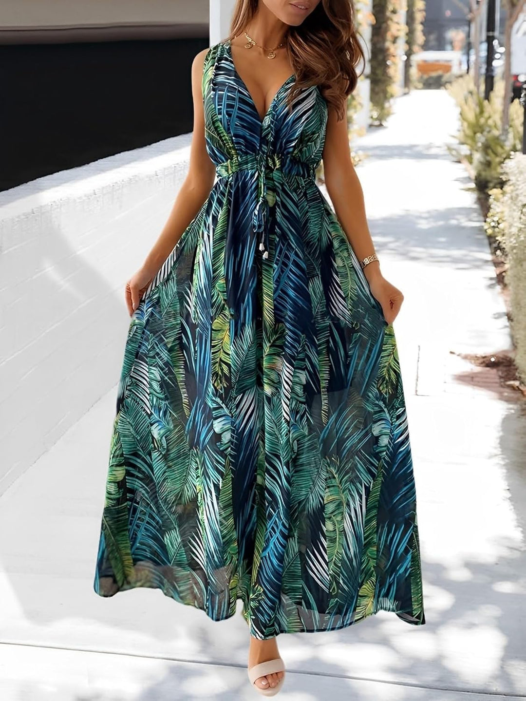 Amara Vestito Maxi Donna – Scollo V, Senza Maniche & Stile Boho con Coulisse