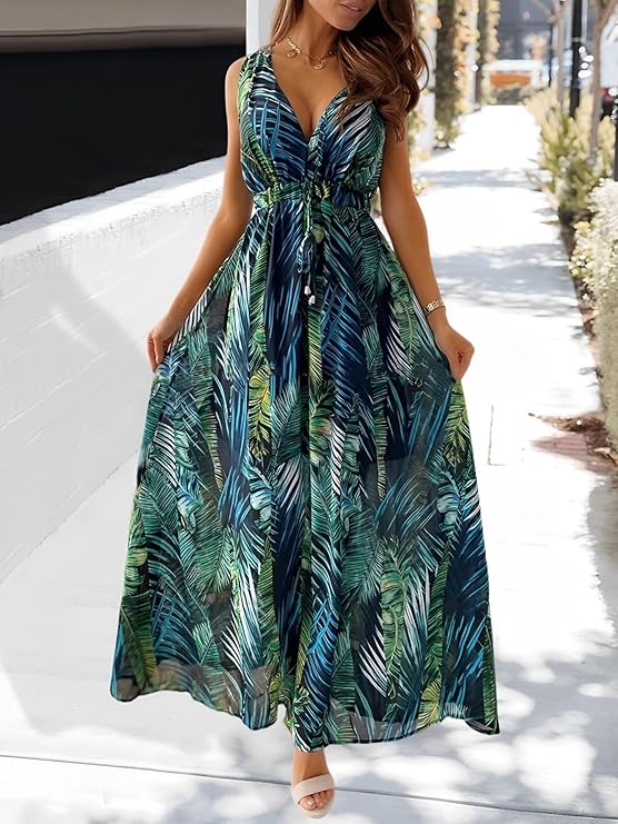 Amara Vestito Maxi Donna – Scollo V, Senza Maniche & Stile Boho con Coulisse