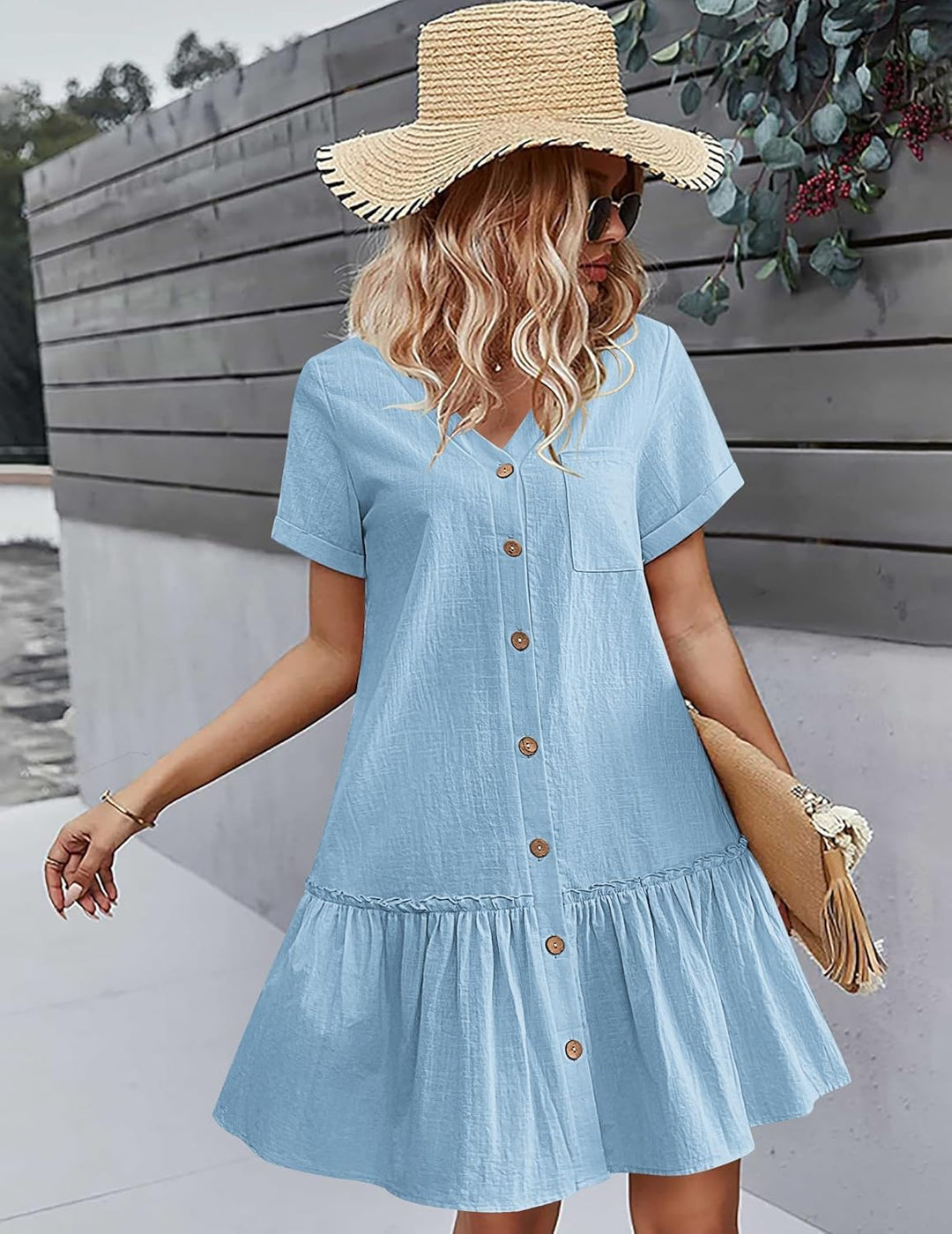Kira Vestido Camisa Mujer – Lino Algodón, Escote en V y Botones de Madera Corte A-Line