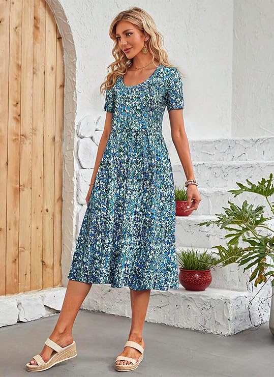 Ember Vestito Midi Dame – Plissert, Lommer & A-linje Snitt Casual Elegant