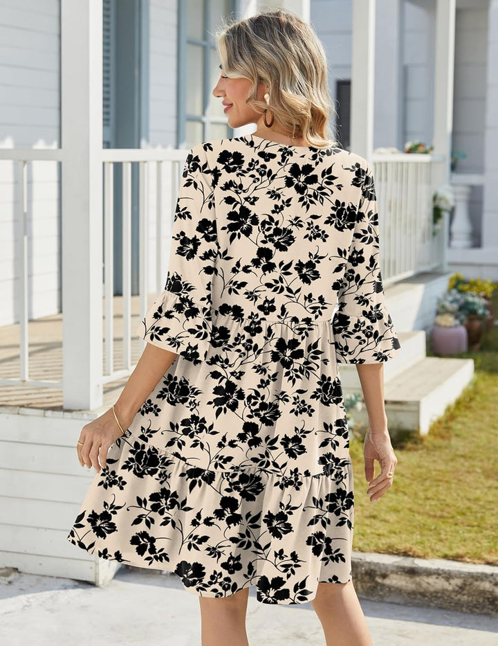 Bellamy Vestido Mujer – Escote en V, Mangas 3/4 con Volantes y Corte A con Bolsillos
