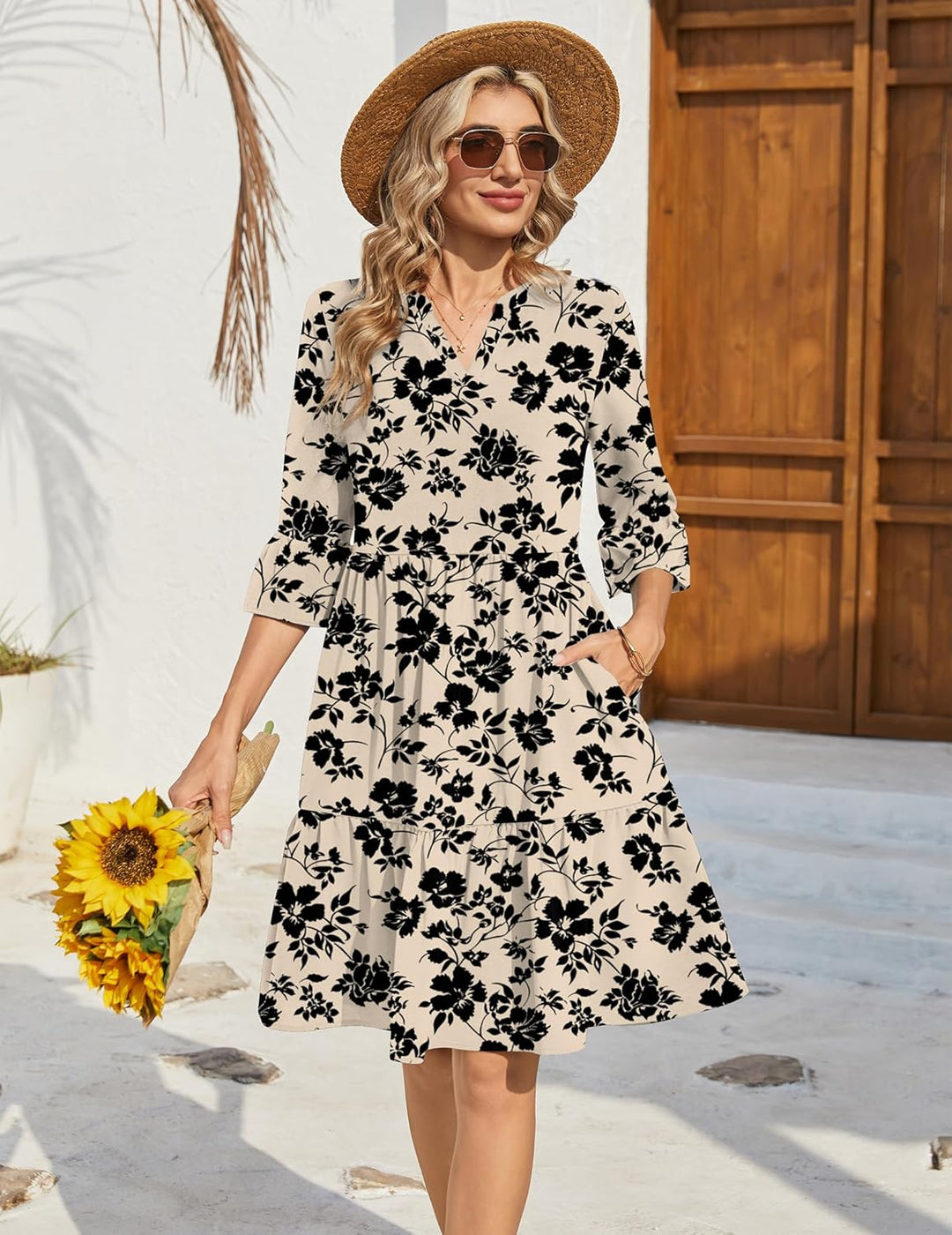 Bellamy Vestido Mujer – Escote en V, Mangas 3/4 con Volantes y Corte A con Bolsillos
