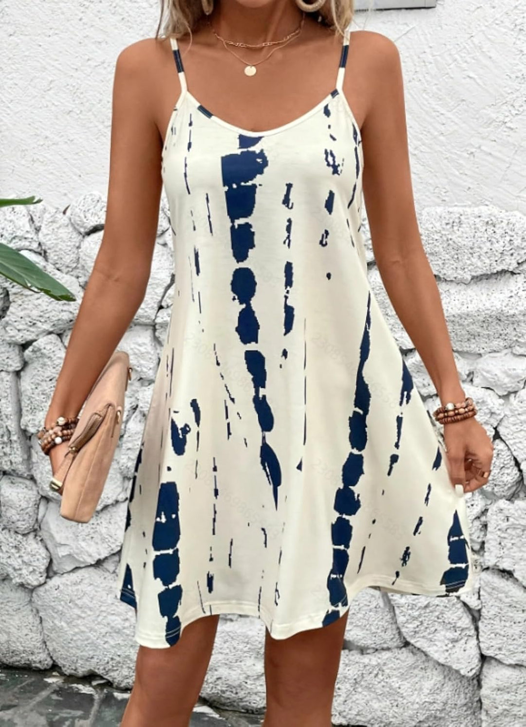 Dove Φόρεμα Καλοκαιρινό Γυναικείο – Σχέδιο Tie-Dye, Ρυθμιζόμενες Τιράντες & V Λαιμόκοψη