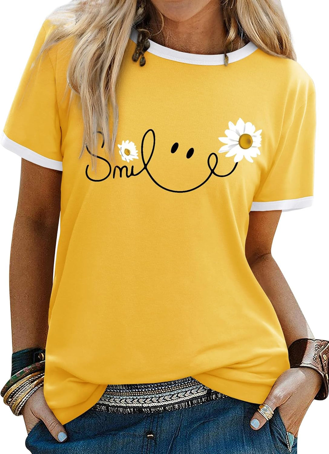 Enola T-Shirt Donna Casual – Top Estivo Girocollo, Stampa Margherite Smile, Maniche Corte