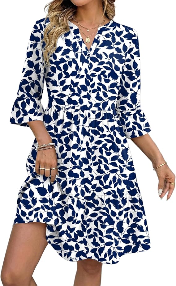 Bellamy Vestido Mujer – Escote en V, Mangas 3/4 con Volantes y Corte A con Bolsillos