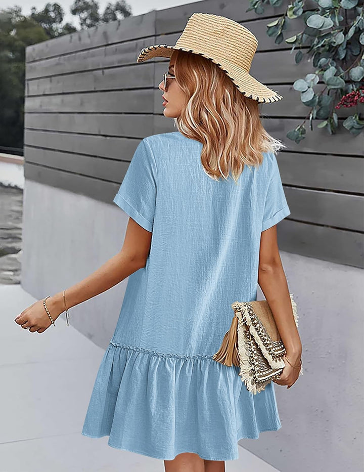Kira Vestido Camisa Mujer – Lino Algodón, Escote en V y Botones de Madera Corte A-Line