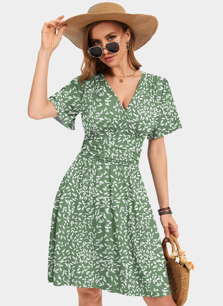 Collins Vestido Mujer – Cruzado Línea A, Escote en V y Cintura Alta Elástica Elegante