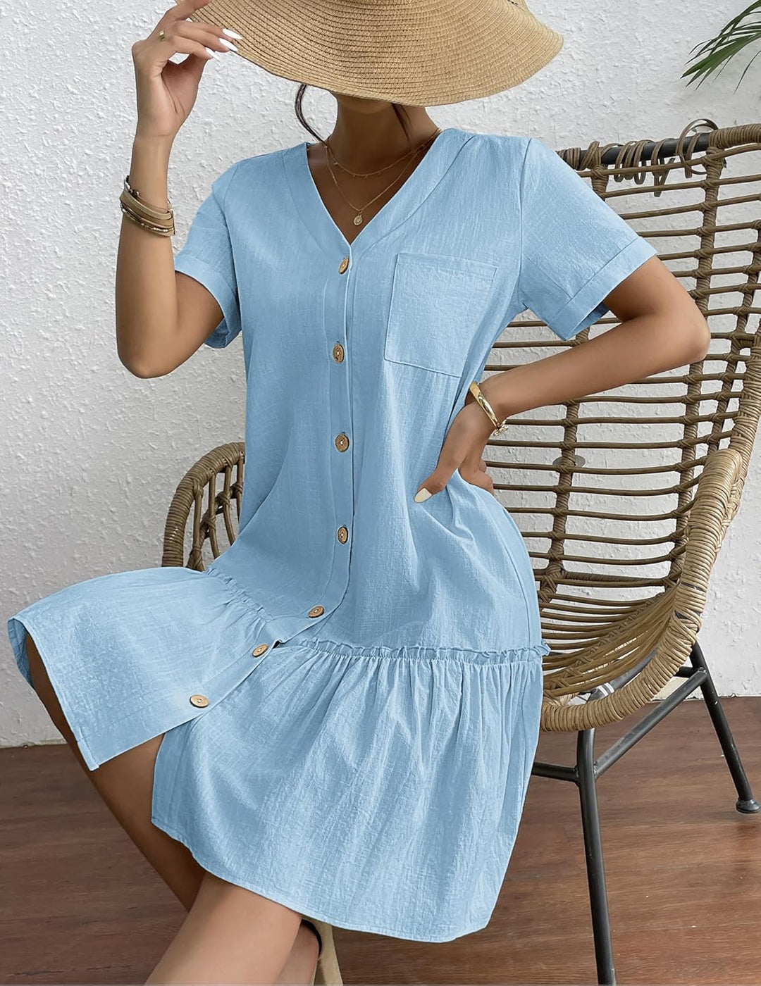 Kira Vestido Camisa Mujer – Lino Algodón, Escote en V y Botones de Madera Corte A-Line